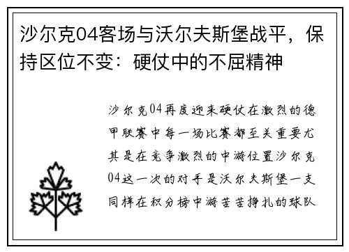 沙尔克04客场与沃尔夫斯堡战平，保持区位不变：硬仗中的不屈精神