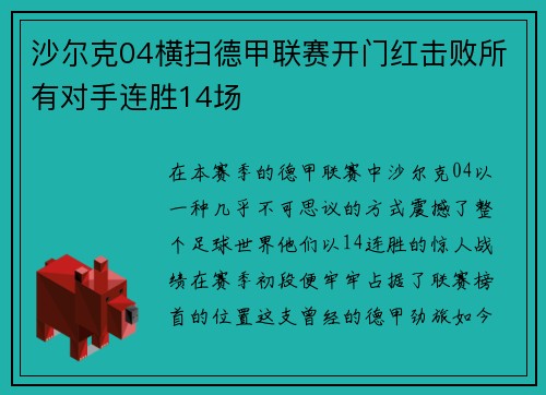 沙尔克04横扫德甲联赛开门红击败所有对手连胜14场