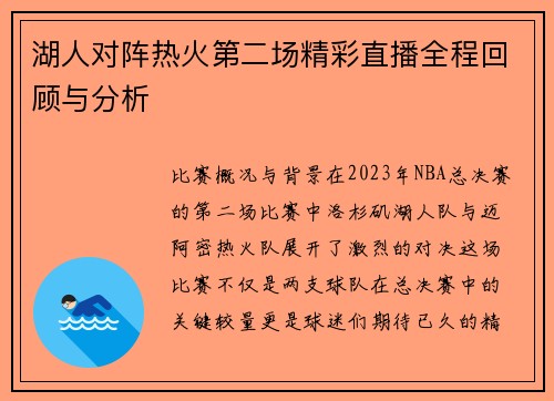 湖人对阵热火第二场精彩直播全程回顾与分析