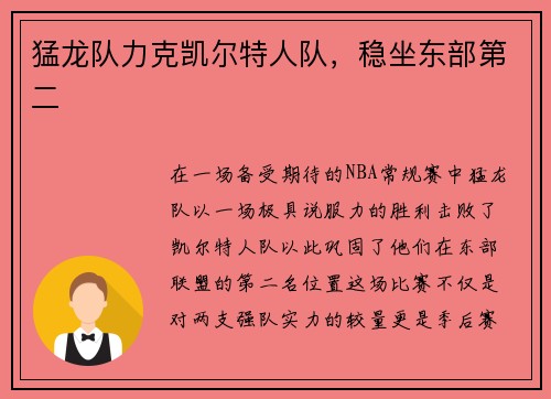 猛龙队力克凯尔特人队，稳坐东部第二